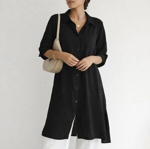Elan Black Rayon Shirt Cover Up 3/4 Sleeve Button Front Boho Side Slits Small